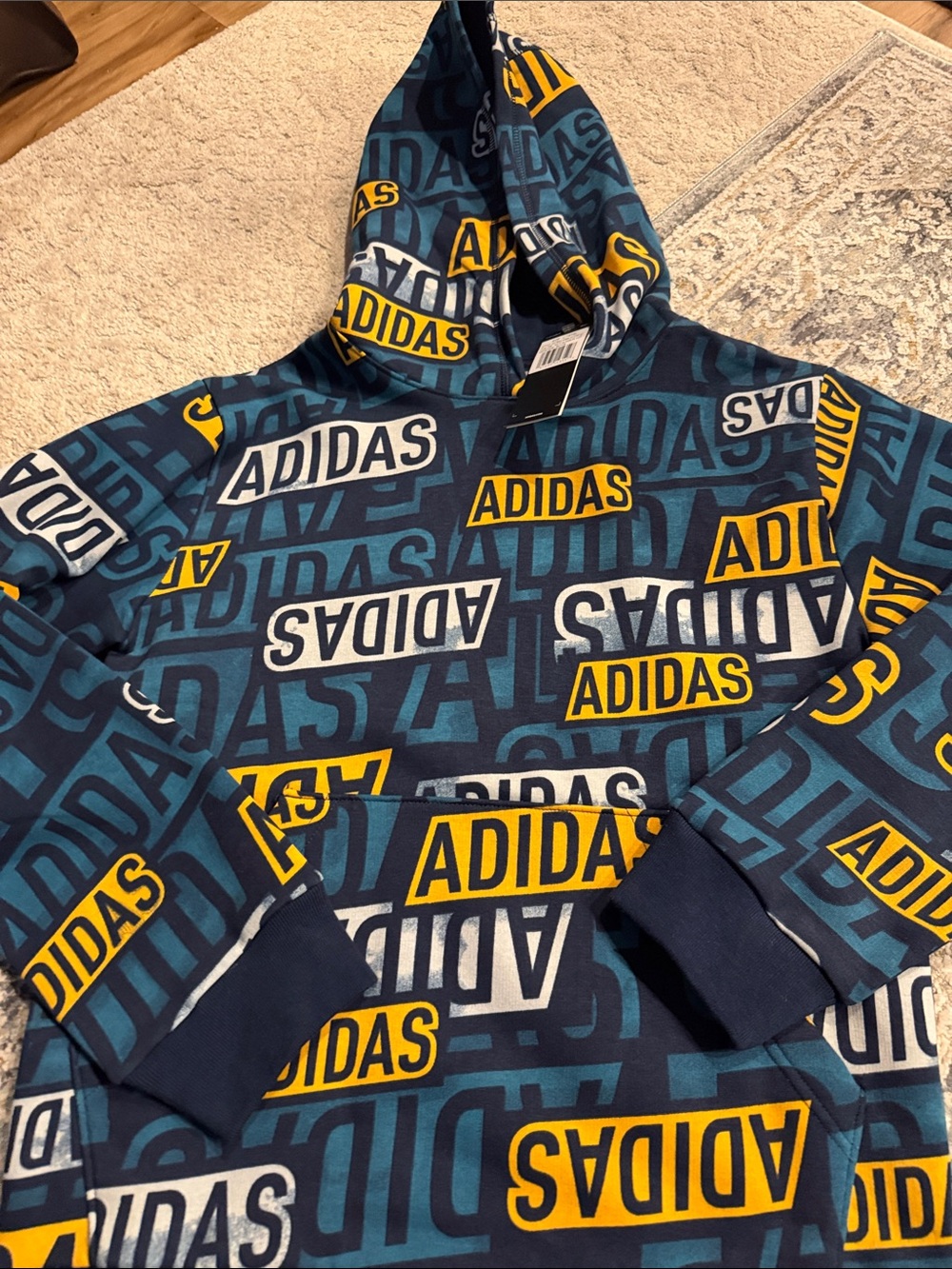 adidas Men’s Teal and Navy Logo-Print Crewneck Hoodie